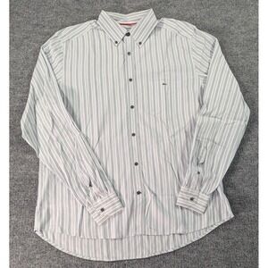 Lacoste Long Sleeve Button Up Dress Shirt Men's Size 42 Large White Gray Stripe